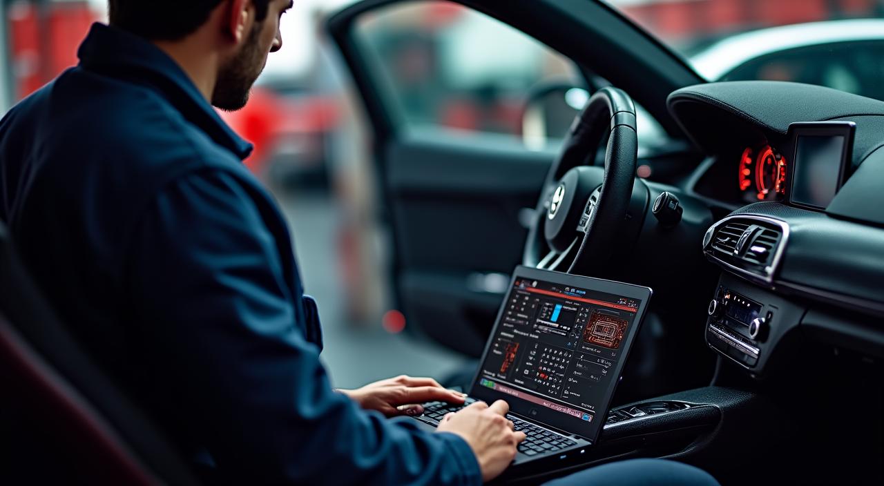 Professionele technicus voert een ECU remapping uit op een moderne auto