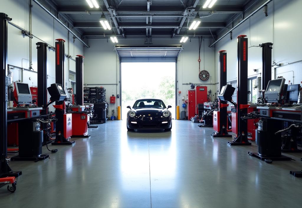 Professionele werkplaats van Meridian Motors met moderne testapparatuur
