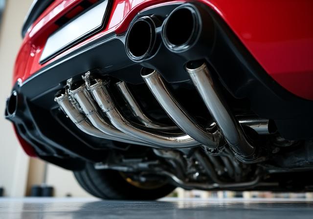 Close-up van een glimmend RVS uitlaatsysteem onder een sportwagen